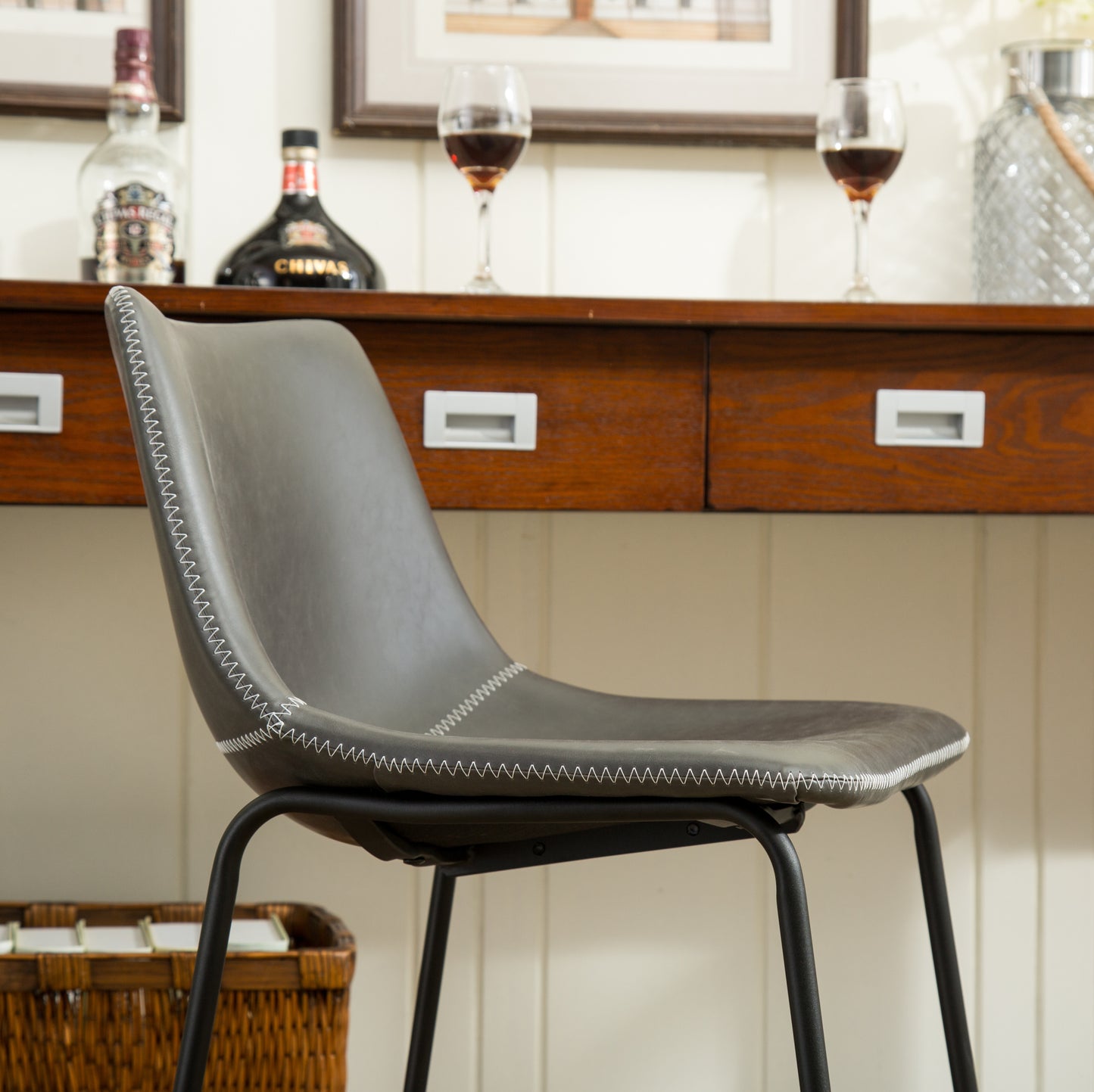 Lotusville Vintage PU Leather Counter Height Stools, Set of 2, Antique Grey