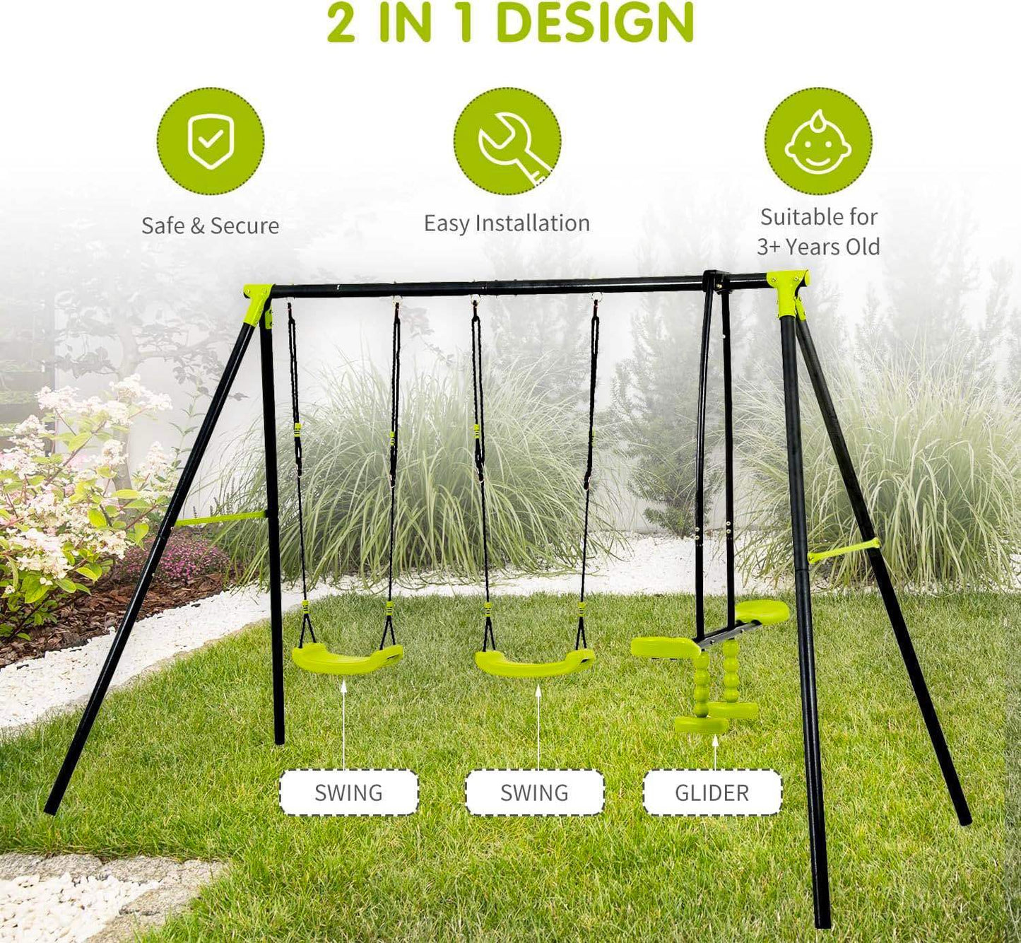 XNS008 interesting triple children metal safe swing set 440lbs for outdoor playground three seat swing black and green for age 3+