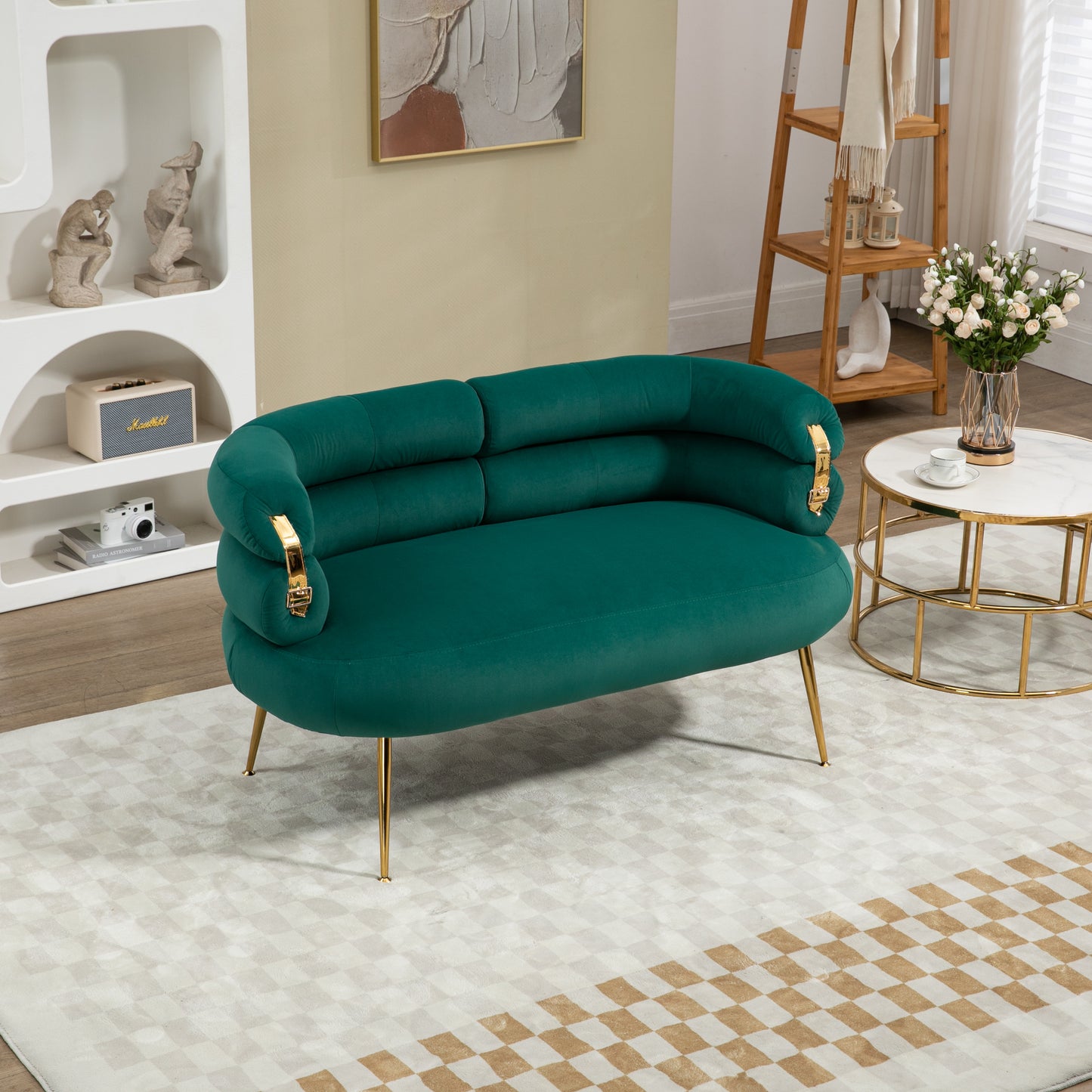 COOLMORE Small Loveseat Sofa, Upholstered Mini Couch with Curved Backrest with Stylish Golden Decor, Small Comfy Love Seat Leisure Accent Couch for Living Room, Bedroom, Office (Green)