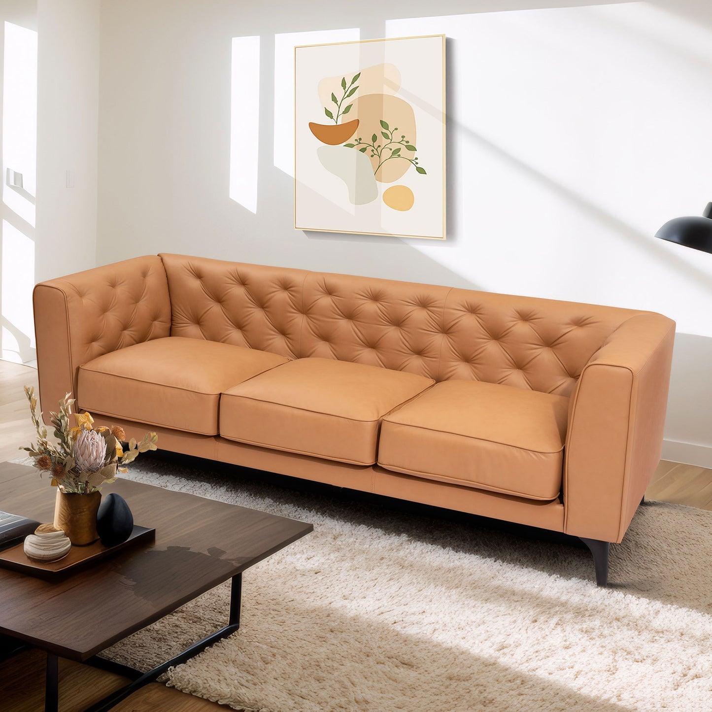 92.52 Inch Genuine Leather Couch 3-Seater Sofa with Tufted Back,Grain Leather Couch with Feather,Comfy Sofa for Living Room Apartment, Comfy Sofa Couch with Extra Deep Seats,Tan