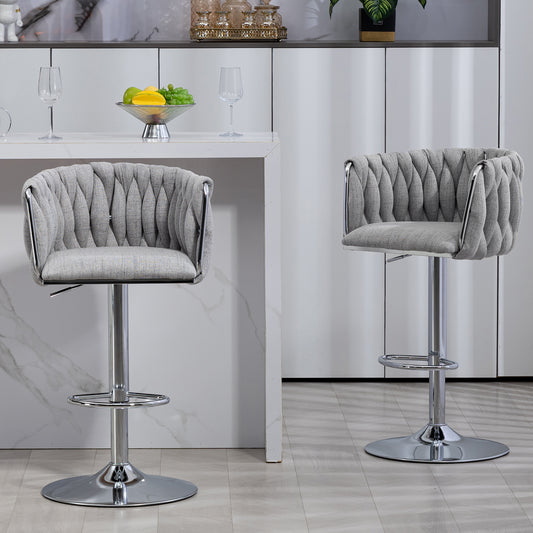 360° Fabric cover Swivel Bar Stools Set of 2, Adjustable Counter Height Bar Chairs with Woven Back & Footrest,Silver chromed  Bar Stools for Kitchen Island, Cafe, Pub (Gray)