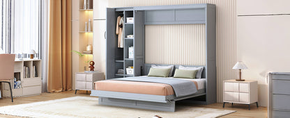 Queen Size Murphy Bed Wall Bed with Shelves, Wardrobe and LED Lights,Gray