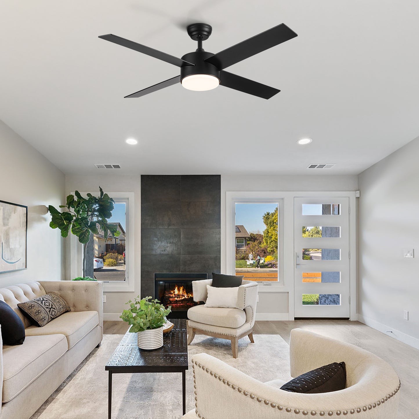 52" Integrated LED Light Matte Black Blade Ceiling Fan with Remote Control with 4 blades