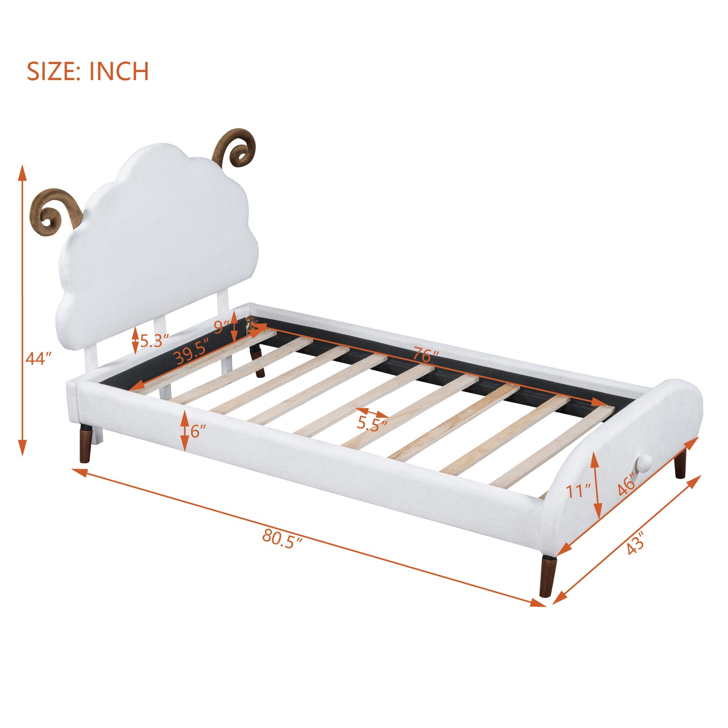 Twin Size Upholstered Platform Bed with Sheep-Shaped Headboard, White