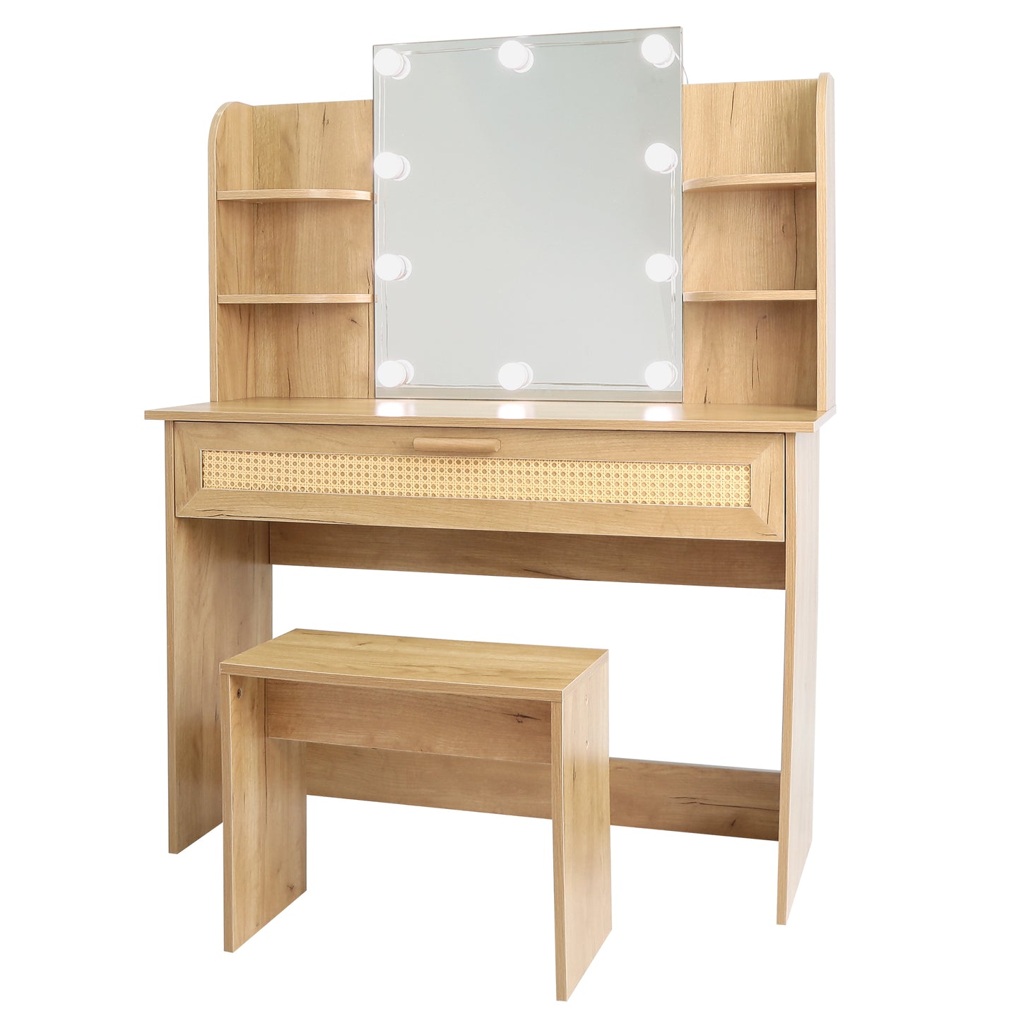 Vanity Desk Set Stool & Dressing Table with LED Lighting Mirror Drawer and Compartments Modern Wood Cosmetic Table Chest of Drawers Nature Color