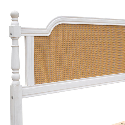 Traditional Style Rattan King Size Bed Frame,No Box Spring Needed,Antique White