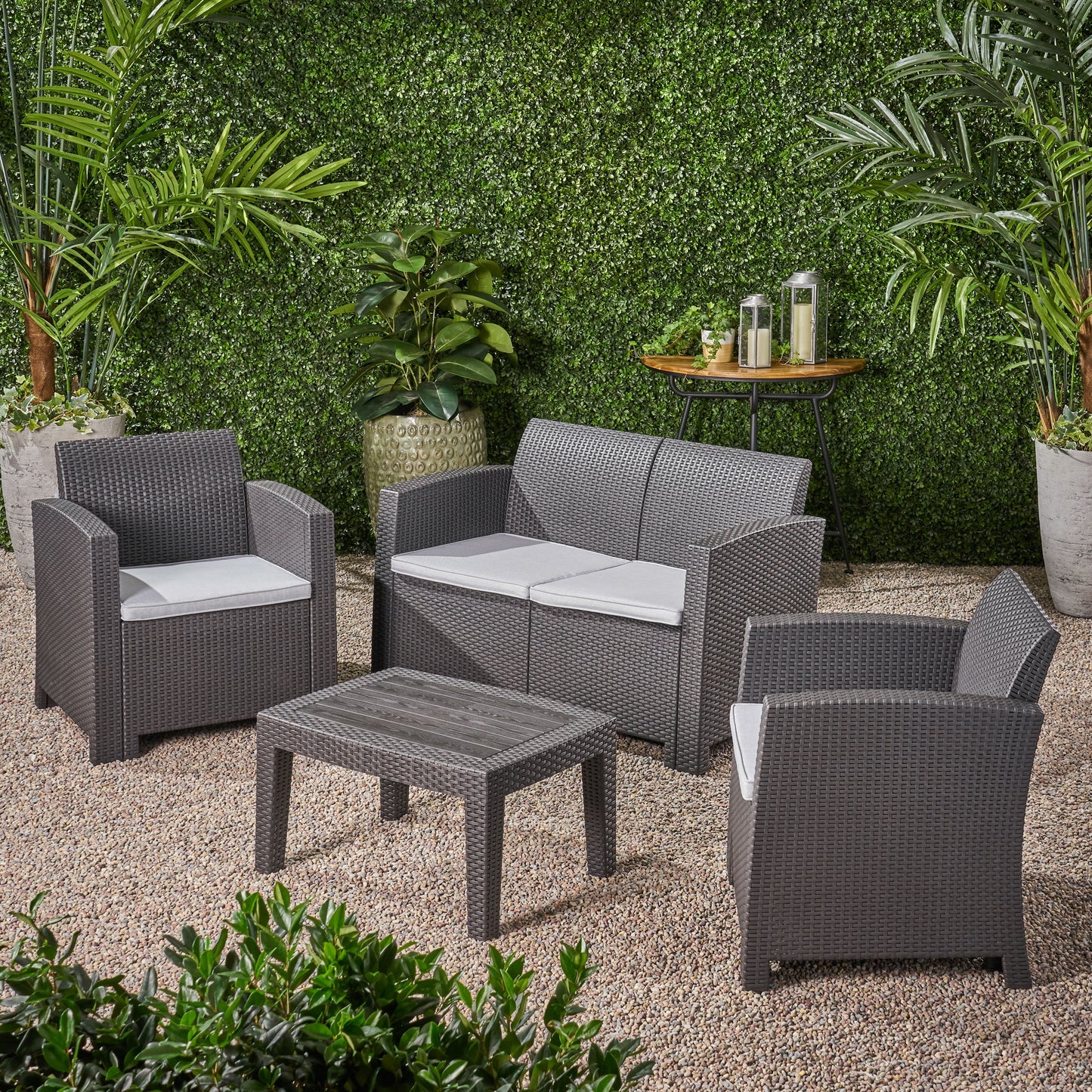 Outdoor Faux Wicker Rattan Style Chat Set with Water Resistant Cushions, 4-Pcs Set, Charcoal / Light Grey