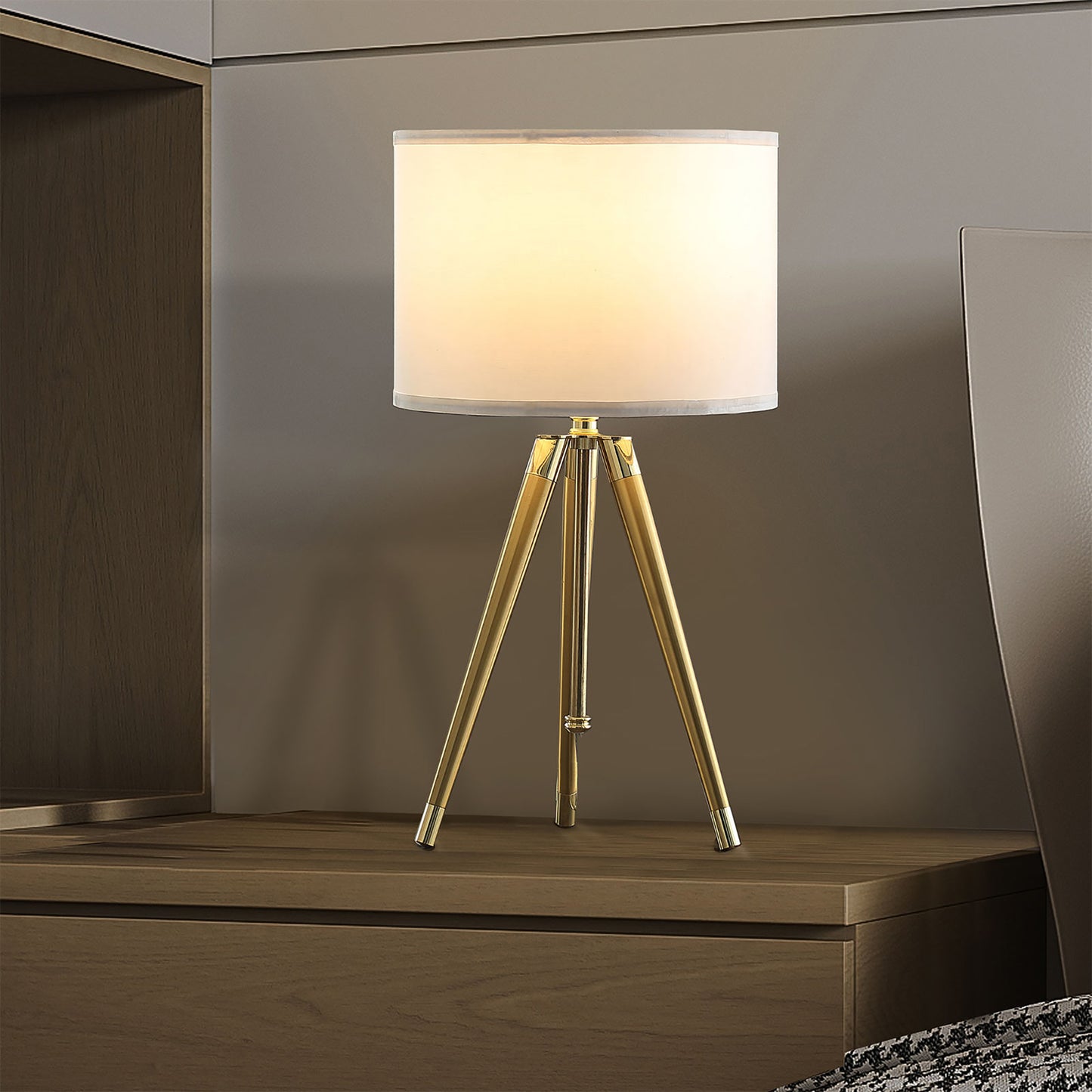 35.5" - 25.75"H Adjustable Hieght Brass/Shiny Gold Modern Tripod Table Lamp for Living Room, Nightstand Bedside Table Lamp for Bedroom, LED Lamp