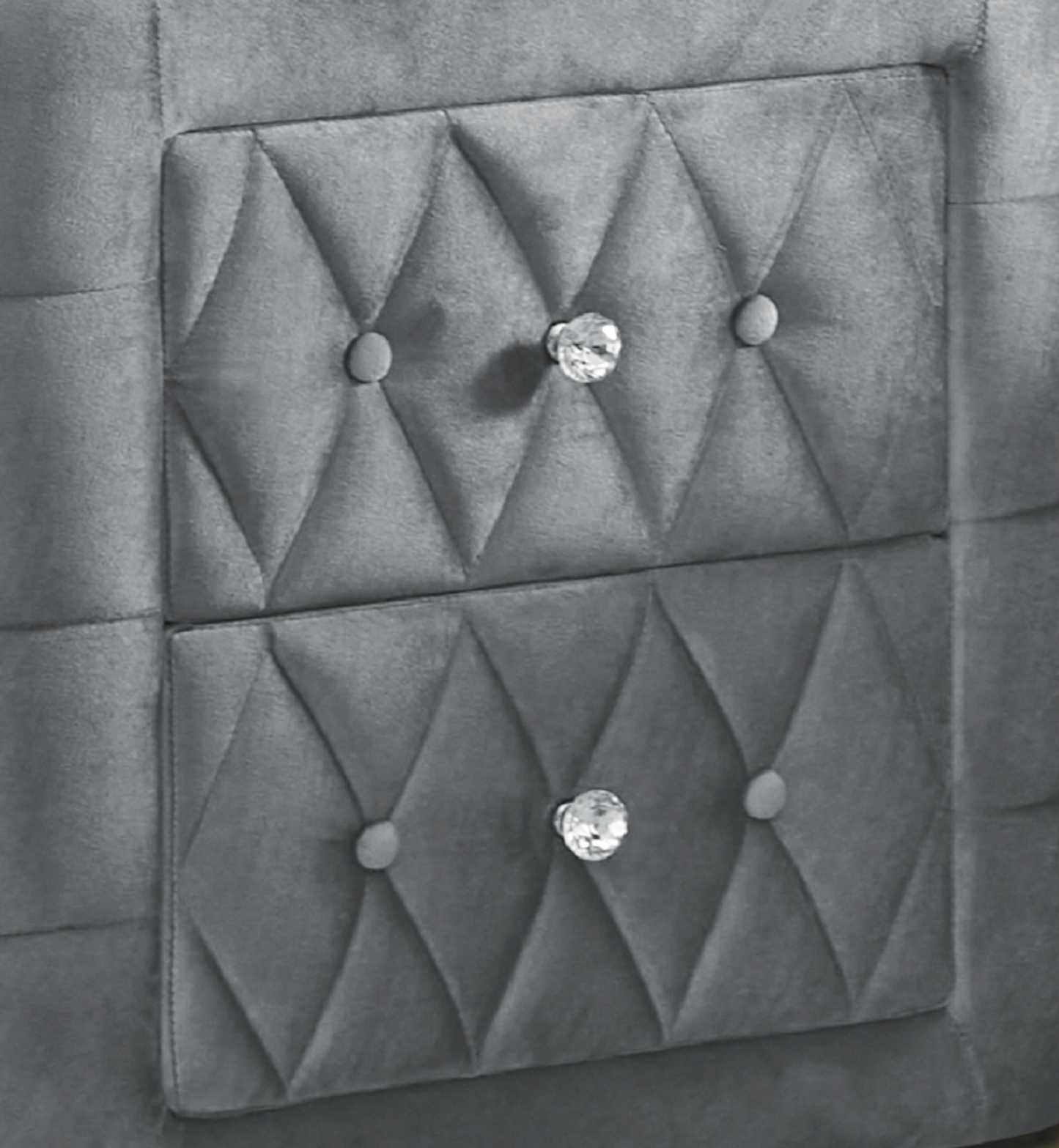 1pc Oval Faux Marble Top Nightstand 2- Drawers Storage Gray Finish Button Tufted Faux Crystal Tufted