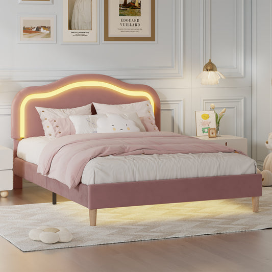 Twin Size Velvet Upholstered Smart LED Bed Frame with Adjustable Height Headboard,No Box Spring Needed,Easy Assembly,Pink