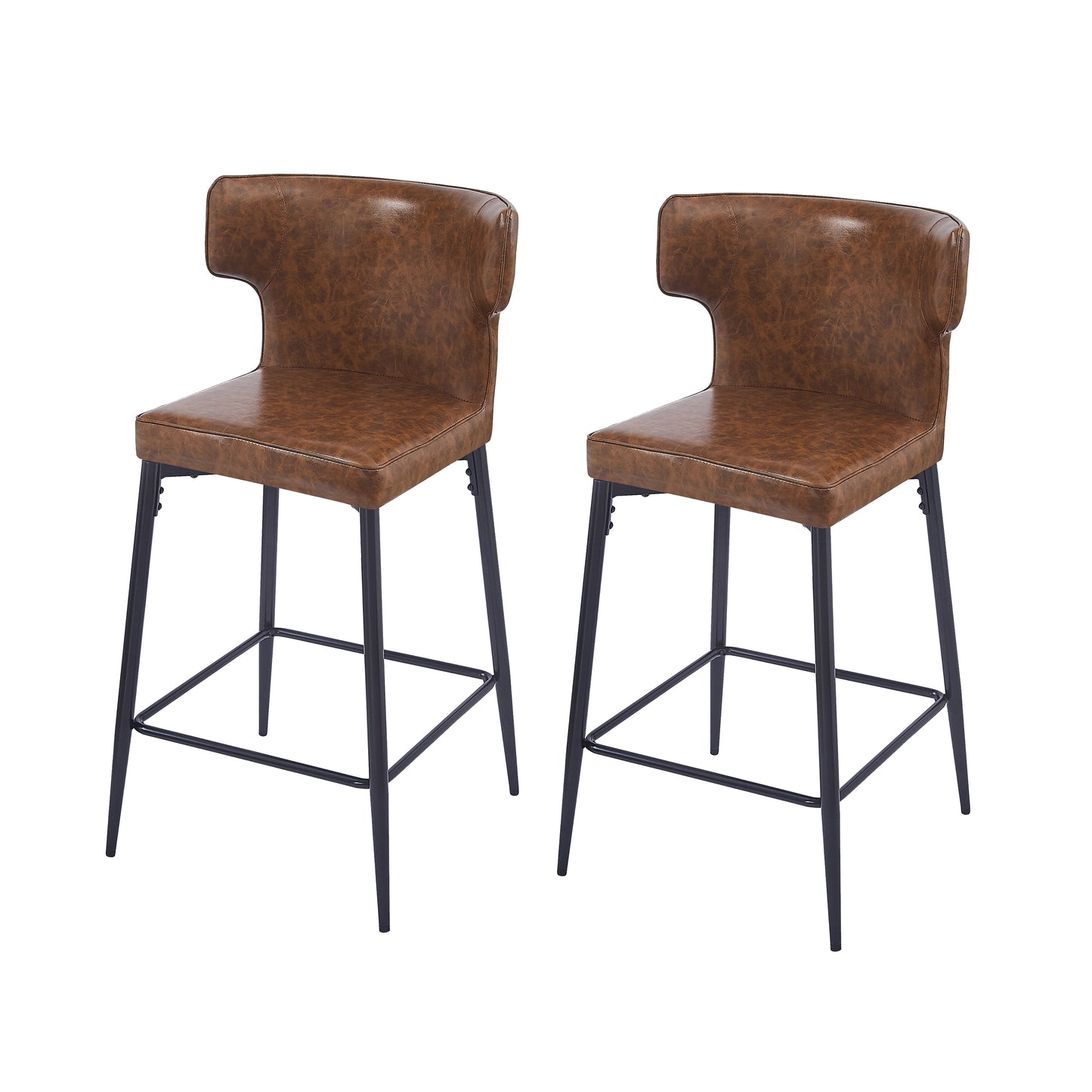 28inch Counter Height Bar Stools Set of 2, Modern Bar Upholstered Chairs with PU Leather, Metal Footrest and Frame for Kitchen Island, Bar Table, Dining Room, Brown