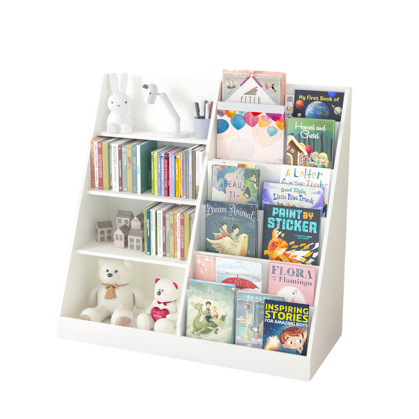 Kids Bookshelf and Toy Storage Organizer, Multifunctional 4 Tier Wooden Kids Book Shelf with  Bookcase Display Stand in Kids Room Playroom Nursery for Kids, Children, Toddlers