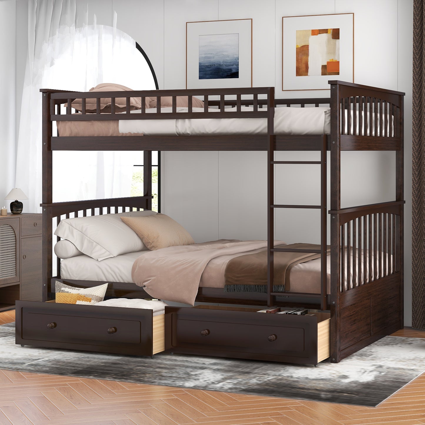 Espresso Full Over Full Bunk Bed with Drawers, Convertible Design, Solid Pine Wood and MDF, 76''L x 57.4''W x 63.8''H