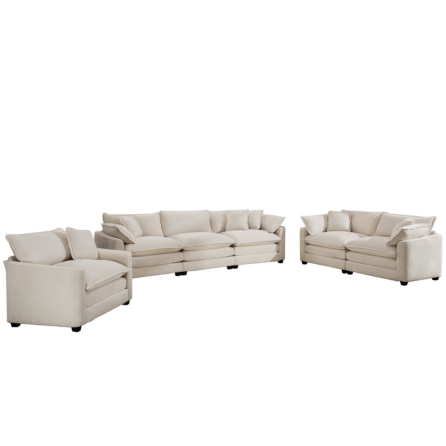 Comfortable Oversized 3-Piece Sofa Set with Single, 2-Seater, 3-Seater Sofas in Light Beige Corduroy