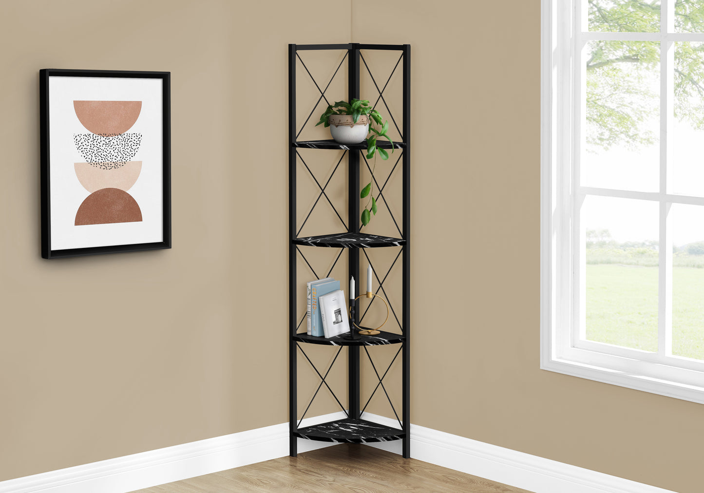 Bookshelf, Bookcase, Etagere, Corner, 4 Tier, 60"h, Office, Bedroom, Black Marble Look Laminate, Black Metal, Contemporary, Modern