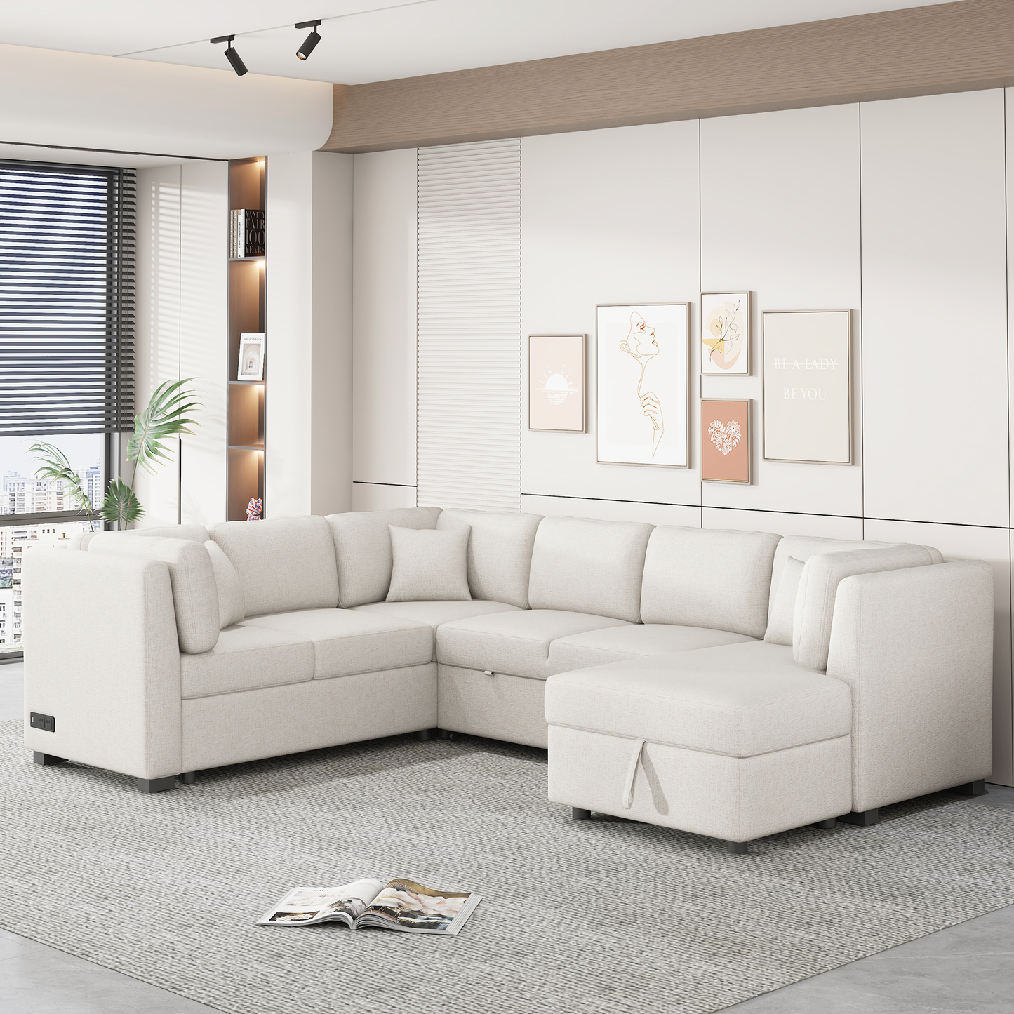 108.6" U-shaped Sectional Sofa Pull out Sofa Bed with Two USB Ports, Two Power Sockets, Three Back Pillows and a Storage Chaise for Living Room, Beige