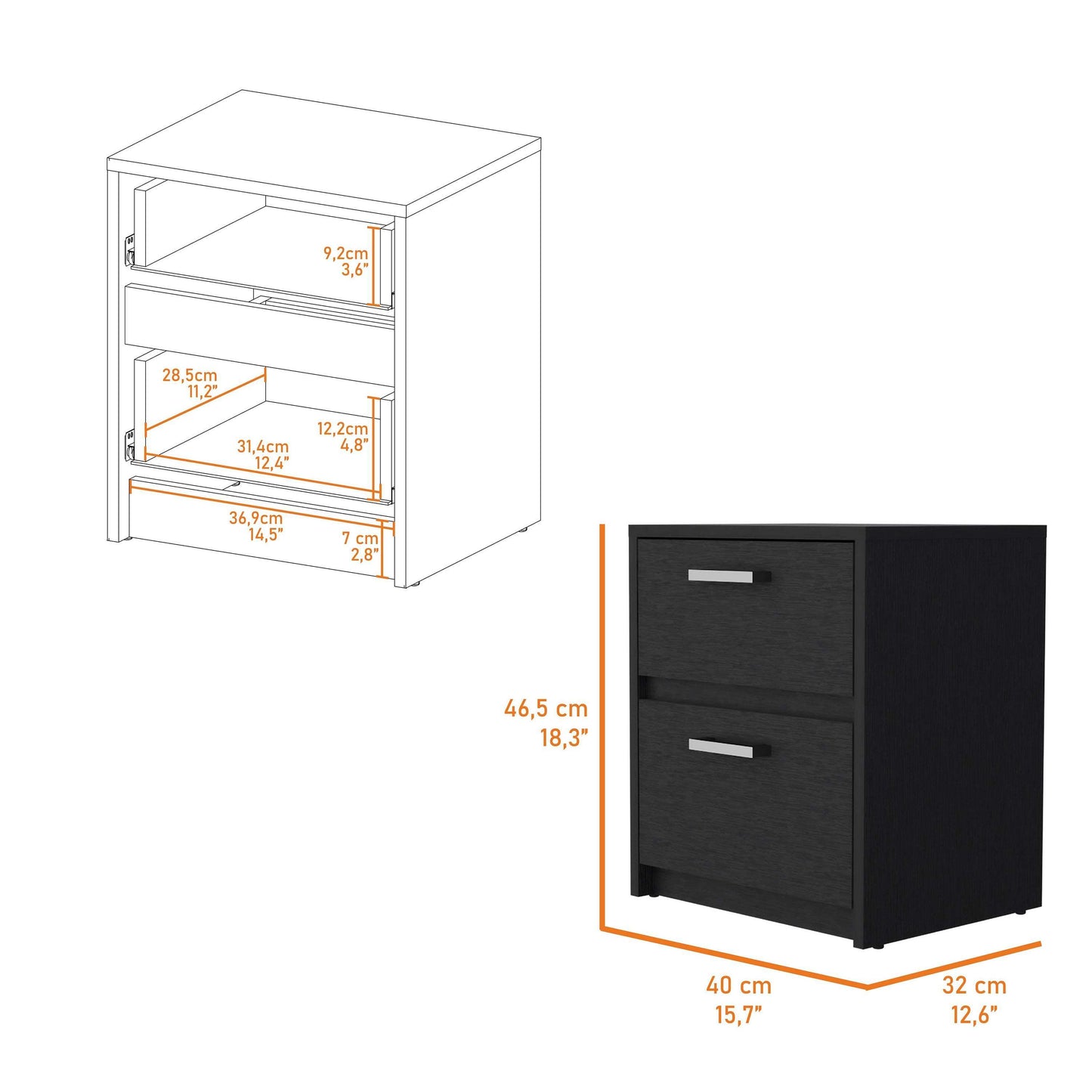 Black 2-Drawer Nightstand