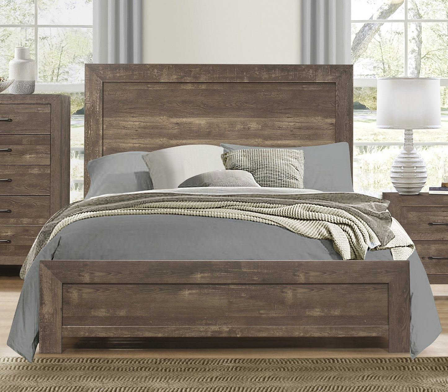 Rustic Brown Finish Full Size Panel Bed Wooden Bedroom Furniture 1pc, Bed in a Box