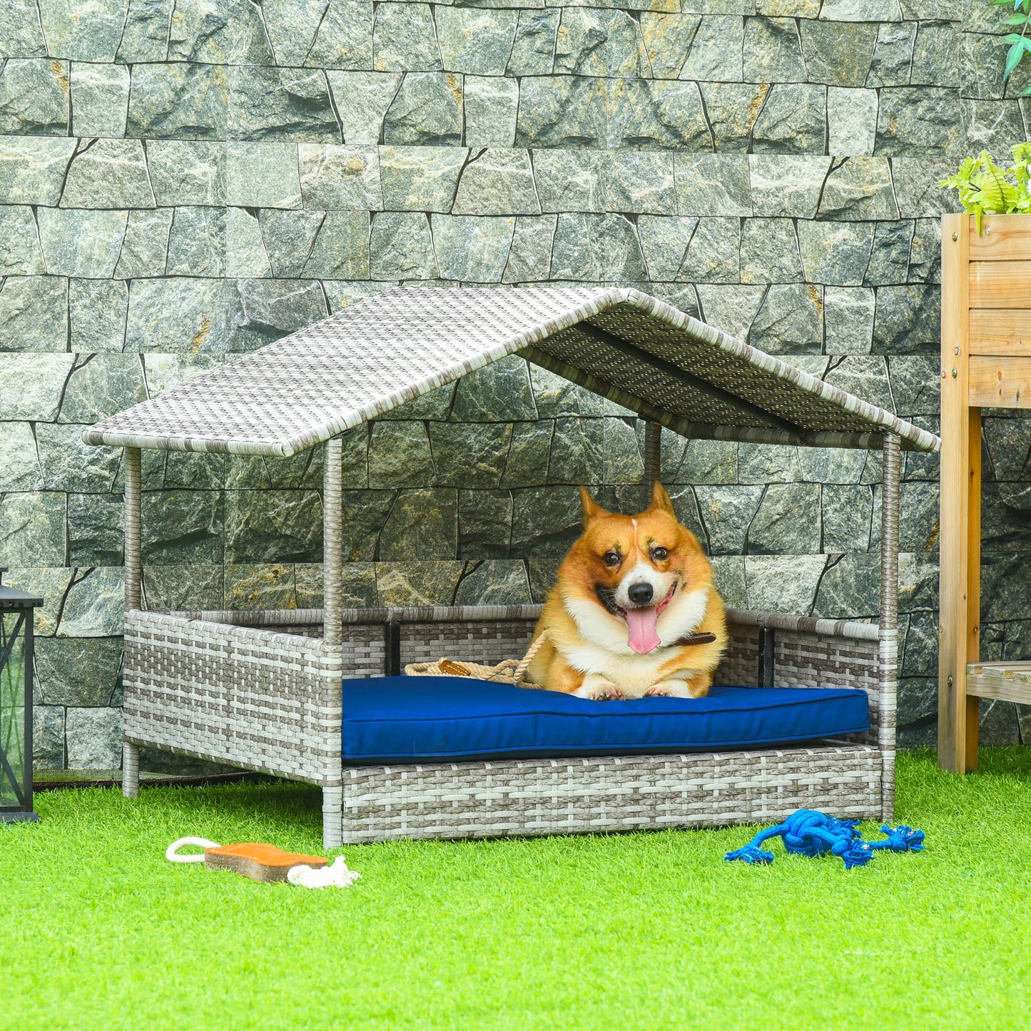 PawHut Wicker Dog House Outdoor with Canopy, Rattan Dog Bed with Water-resistant Cushion, for Small and Medium Dogs, Dark Blue