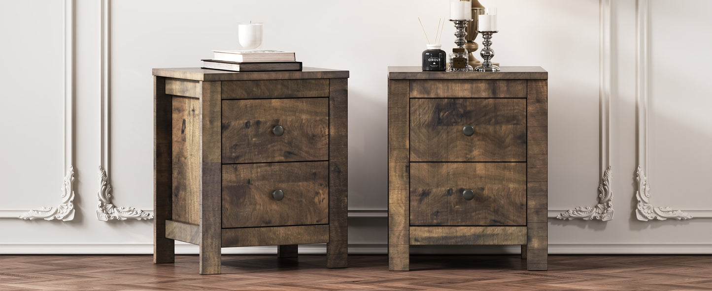 Farmhouse Wooden Nightstand Set of 2 with Retro Design, Wood Side Table with Storage Cabinet for Bedroom, Antique Walnut