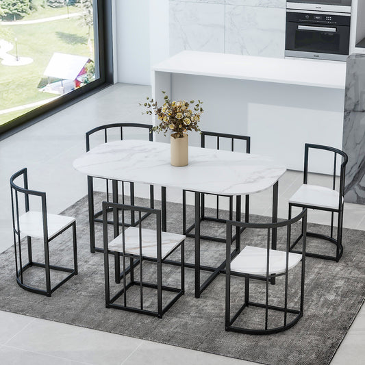 TOPMAX Modern 7-Piece Dining Table Set with Faux Marble Compact 55Inch Kitchen Table Set for 6, Black+White
