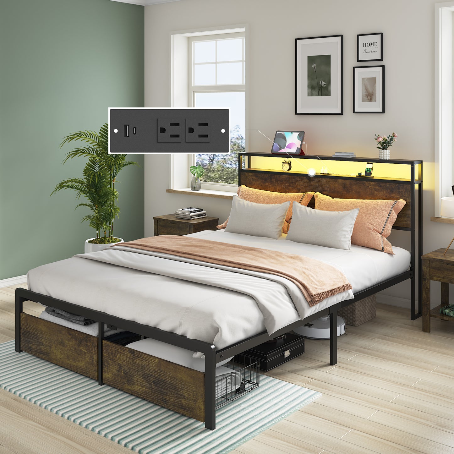 Queen Bed Frame with LED Lights and Charging Station - Robust Metal  Wood Construction, Rustic Wood Platform Bed Frame with 2 Drawers, No Box Spring Needed, Noise Free, Vintage Brown, Easy Assemble