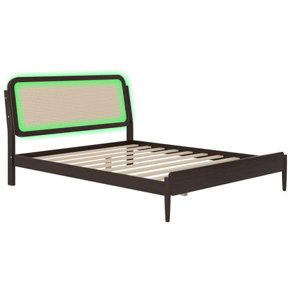 Queen Size Wood Storage Platform Bed with LED Light, Rattan Headboard, Espresso