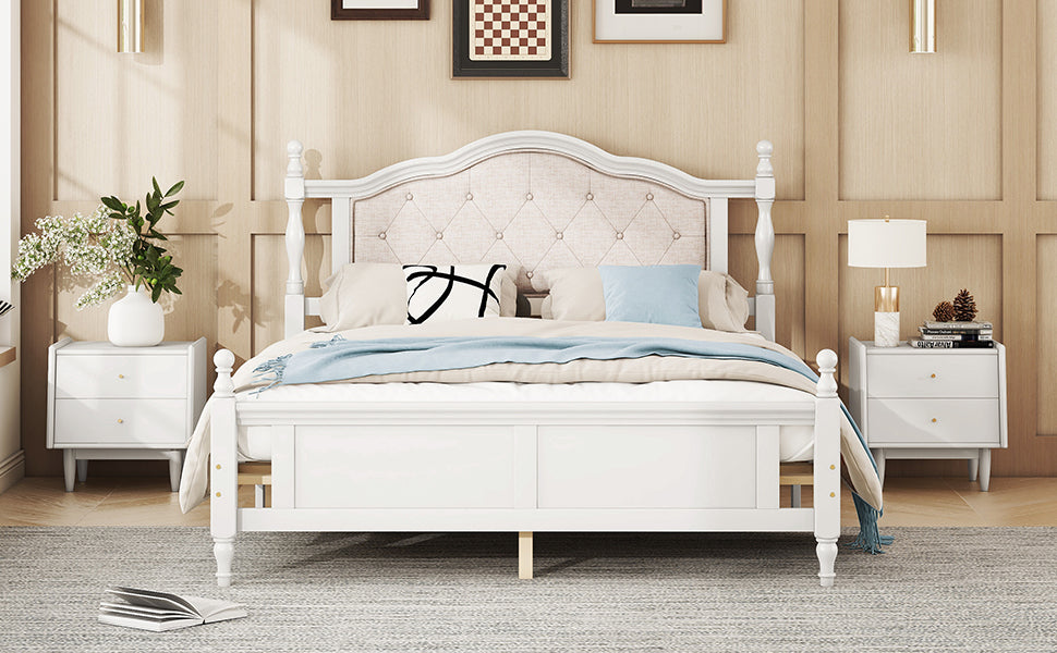 Queen Pine wooden Bed with Upholstered Headboard  and Panel Footboard, with  Two Bed Rail Support Feet and Central Platform Support Feet ,White