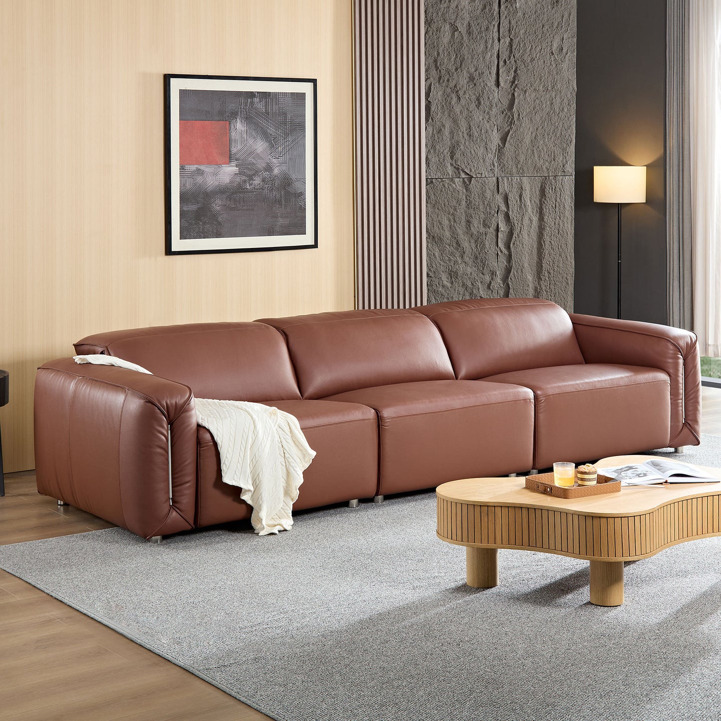 Modern Simple Line Design 3-Seater Leather Sofa for Living Room, Comfy Sofa Couch with Extra Deep Seats,Adjustable Headrests Couch,Brown