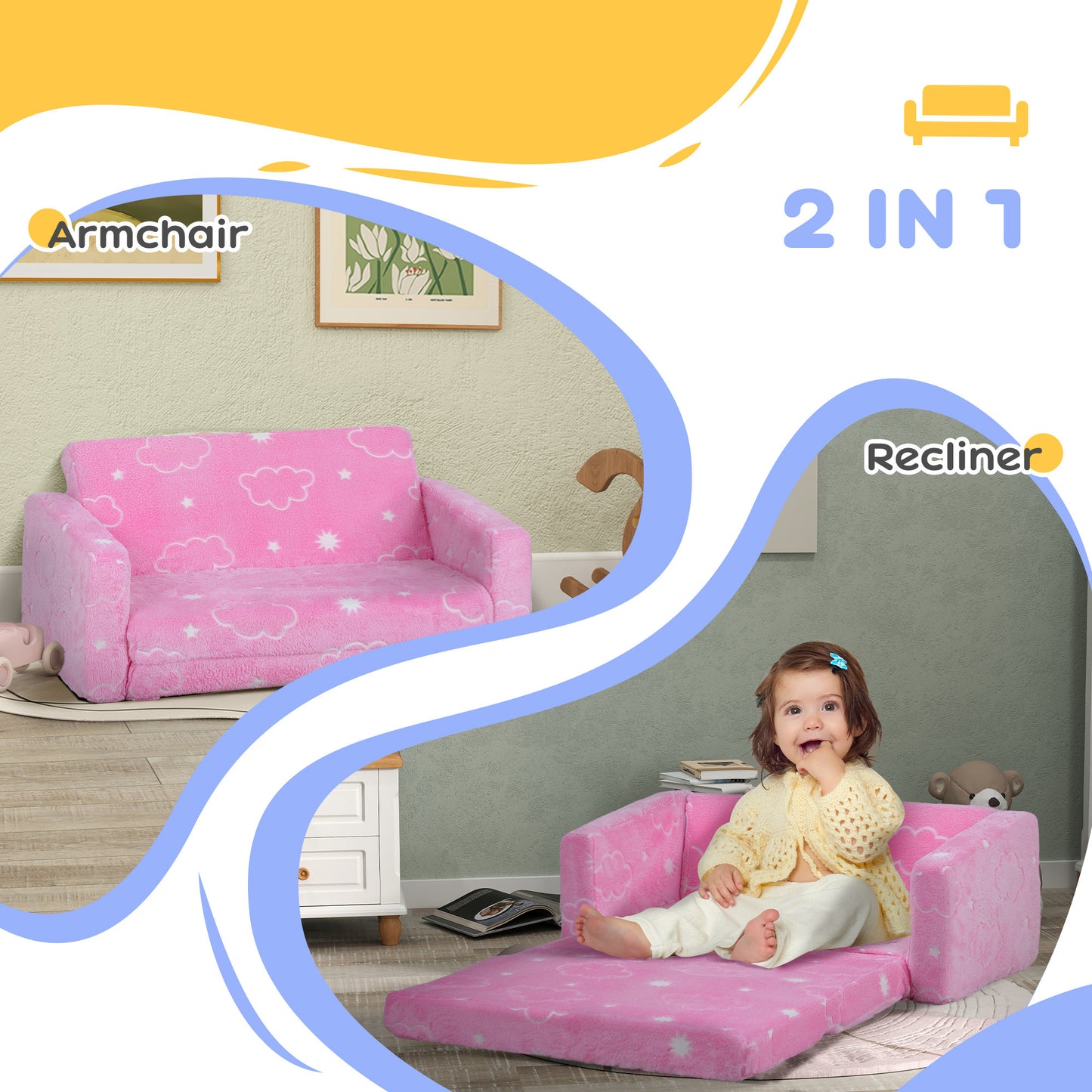 Qaba 2 in 1 Kids Sofa Chair, Toddler Couch with Glow in The Dark Cosmic Patten, Washable Cover, Fold Out Convertible Sofa to Lounger for Playroom Bedroom, Pink