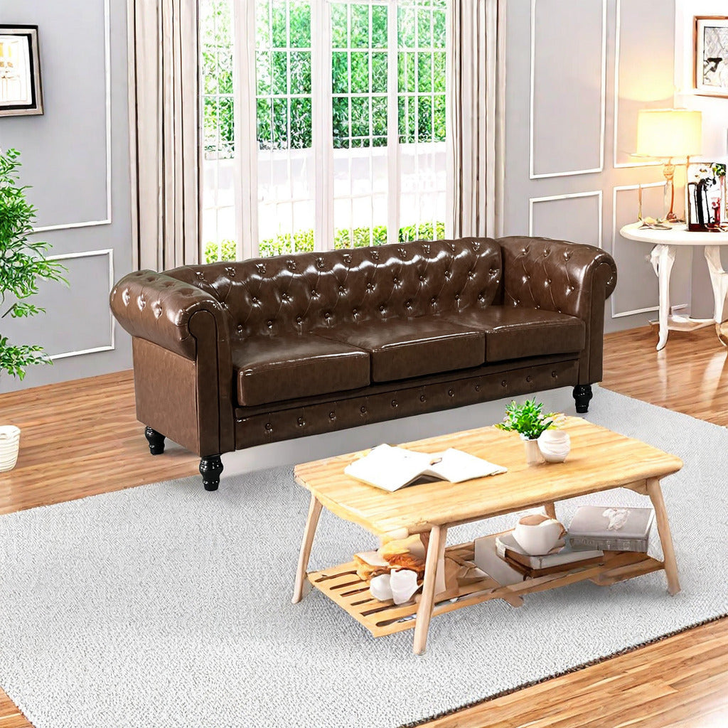 FX-P80P-PU3(SOFA) 3-seat Living Room Upholstered Sofa Modern Sofa Couches Set Style Button Tufted, PU Chesterfield Sofa for Living Room Apartment