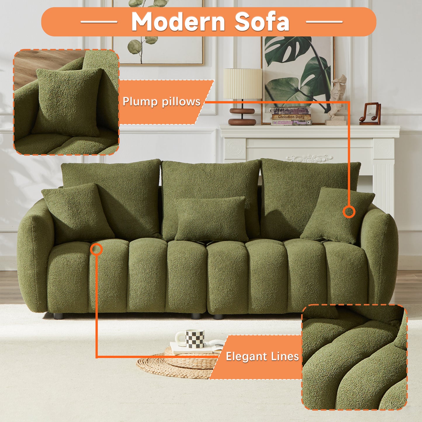 1 Seater + 3 Seater + 3 Seater,  Combo Sofa Modern Living Room Sofa, Teddy Sofa, Wooden Frame, 7 Cushions, Apartment Sofa Furniture