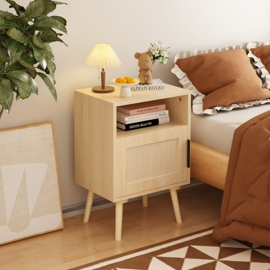 22.83'' H Rattan Nightstand, Side Table with Door Open Shelf,  Accent Bedside End Table with Solid Wood Legs for Bedroom, Dorm and Small Spaces, Oak