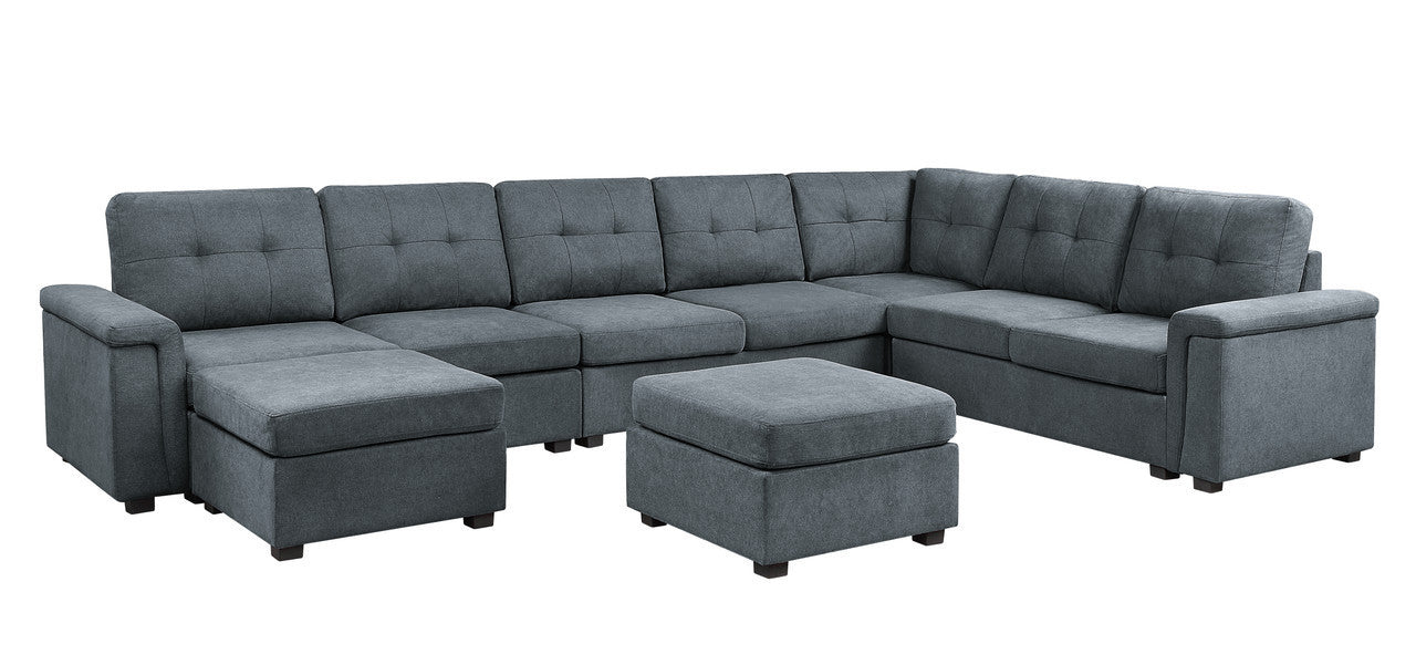 Isla 145" Gray Woven Fabric 9-Seater Sectional Sofa with Ottomans