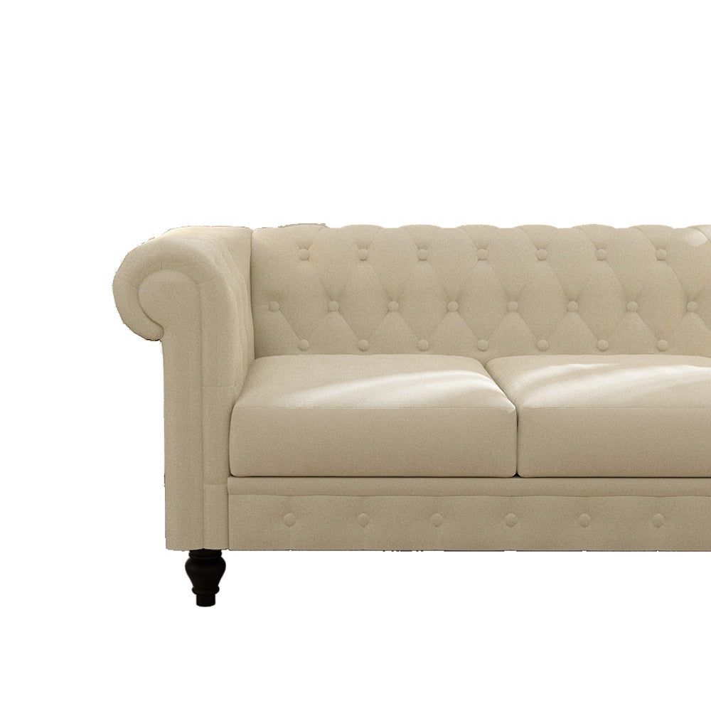 Elegant Beige Chesterfield Sofa - 3-Seater Plush Fabric with Tufted Buttons and Wooden Legs - Classic Design, Comfortable and Durable for Living Room Furniture