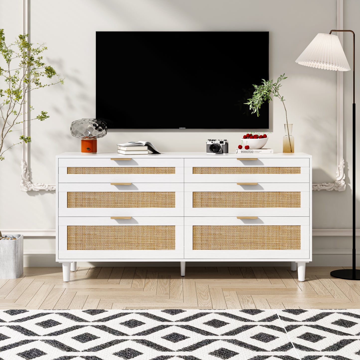 59" Rattan Dresser with Drawers, 6 Drawer Dresser for Bedroom, Clothes Storage Cabinet for Bedroom, Metal Handle&Wood Legs for Hallway, Living Room, Bedroom,White