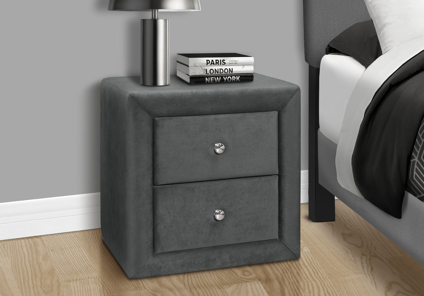 Nightstand, Nightstand, End, Side, Lamp, Storage Drawer, Bedroom, Upholstered, Grey Velvet, Transitional