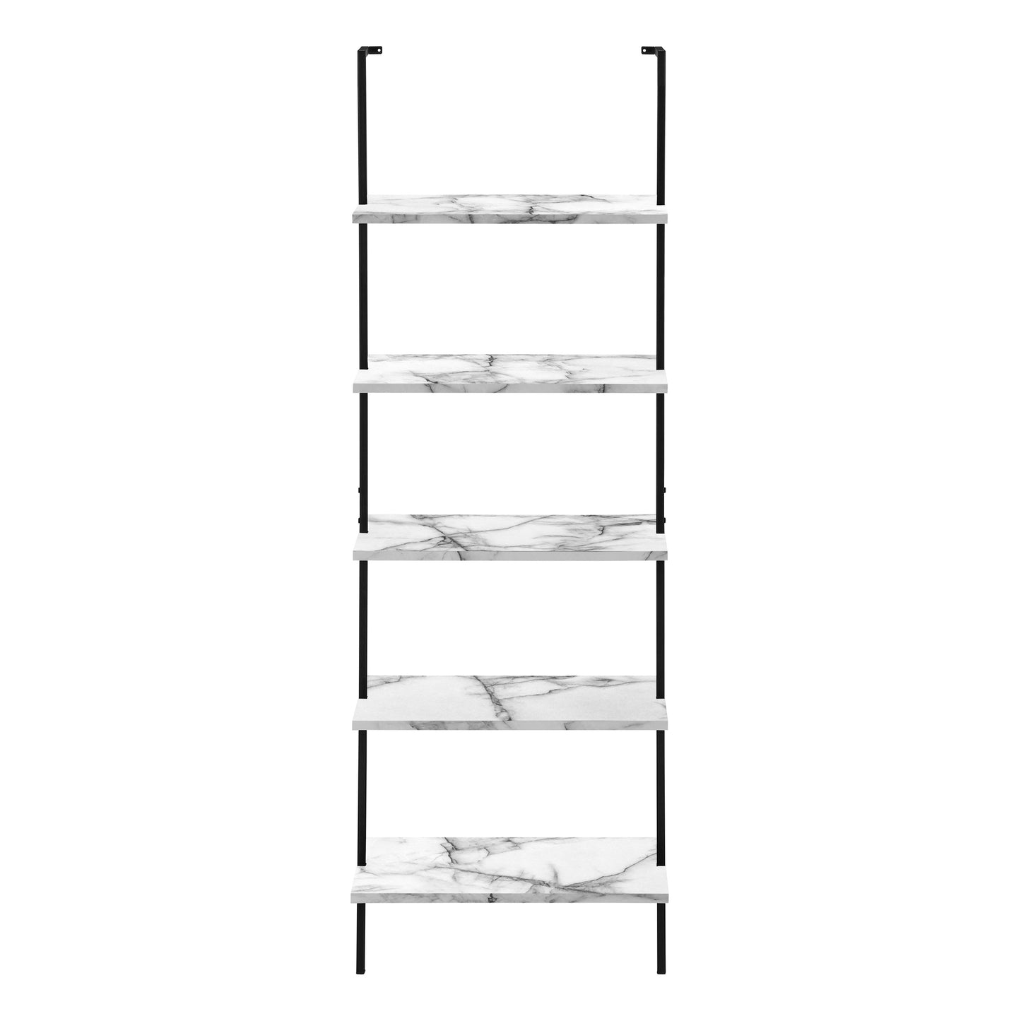 Bookshelf, Bookcase, Etagere, Ladder, 5 Tier, 72"h, Office, Bedroom, White Marble Look Laminate, Black Metal, Contemporary, Modern
