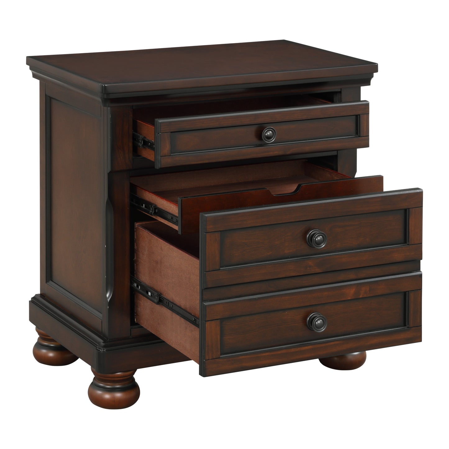 Classic Transitional Nightstand Brown Cherry Finish Birch Veneer Hidden Drawer Bun Feet Bedroom Furniture