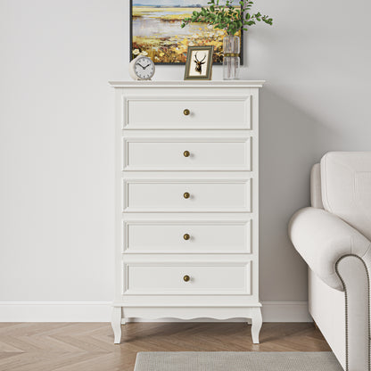 5 Drawer Dresser for Bedroom, Modern Storage Closet Cabinet Organizerwith Solid Wood Legs and Painted Finish-White