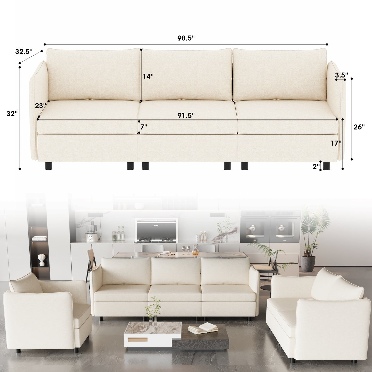 Modular Sectional Sofa, Convertible Sofa Seat With Storage, Sets Including Three seater Sofa & Couches,Loveseat and Single Chair (1+2+3 Seat) for Living Room