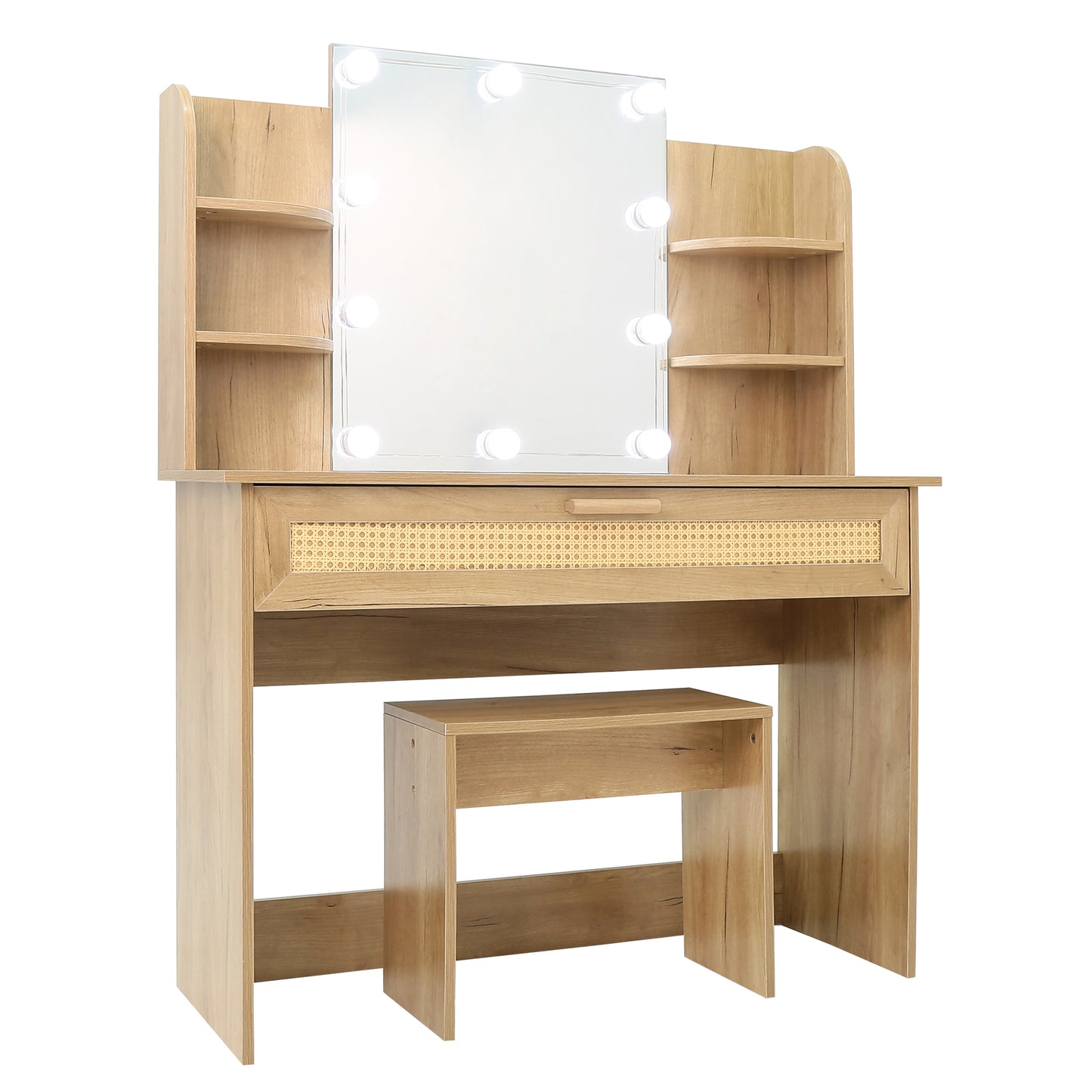 Vanity Desk Set Stool & Dressing Table with LED Lighting Mirror Drawer and Compartments Modern Wood Cosmetic Table Chest of Drawers Nature Color