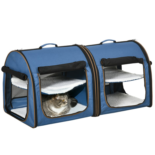 PawHut 39" Portable Soft-Sided Pet Cat Carrier with Divider, Two Compartments, Soft Cushions, & Storage Bag, Blue