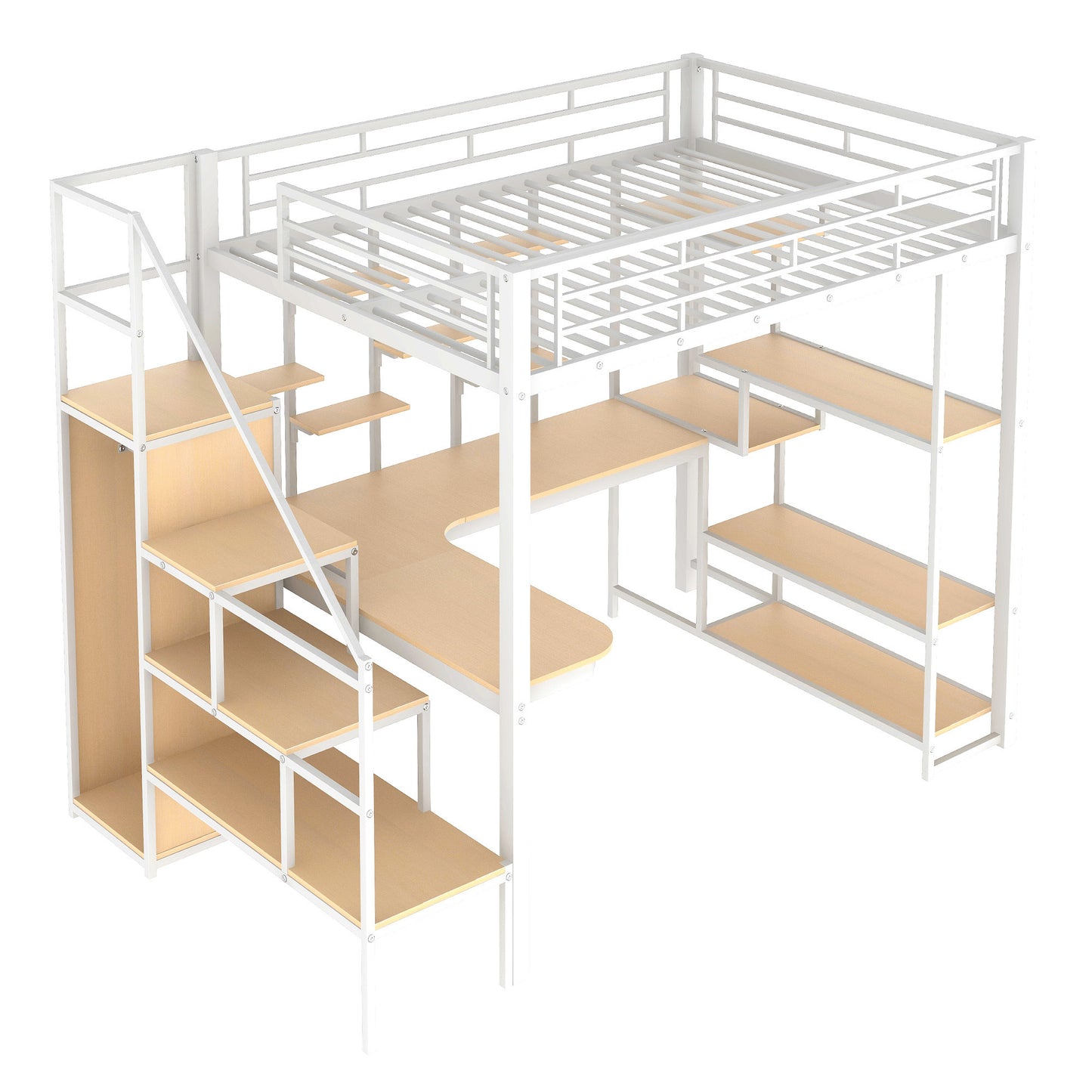 Full Size Metal Loft Bed with Storage Staircase and Small Wardrobe, Built-in Desk and Storage Shelves, White