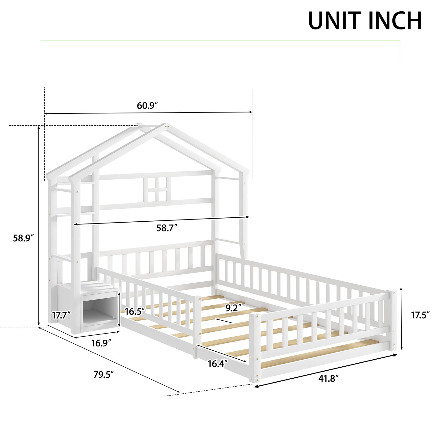 Twin Size House Shape Headboard Floor Bed with Guardrails, Slats Support, Nightstand ,White