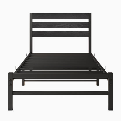 Twin Size Platform Bed Frame with Rustic Vintage Wood Headboard, No Box Spring Needed Black