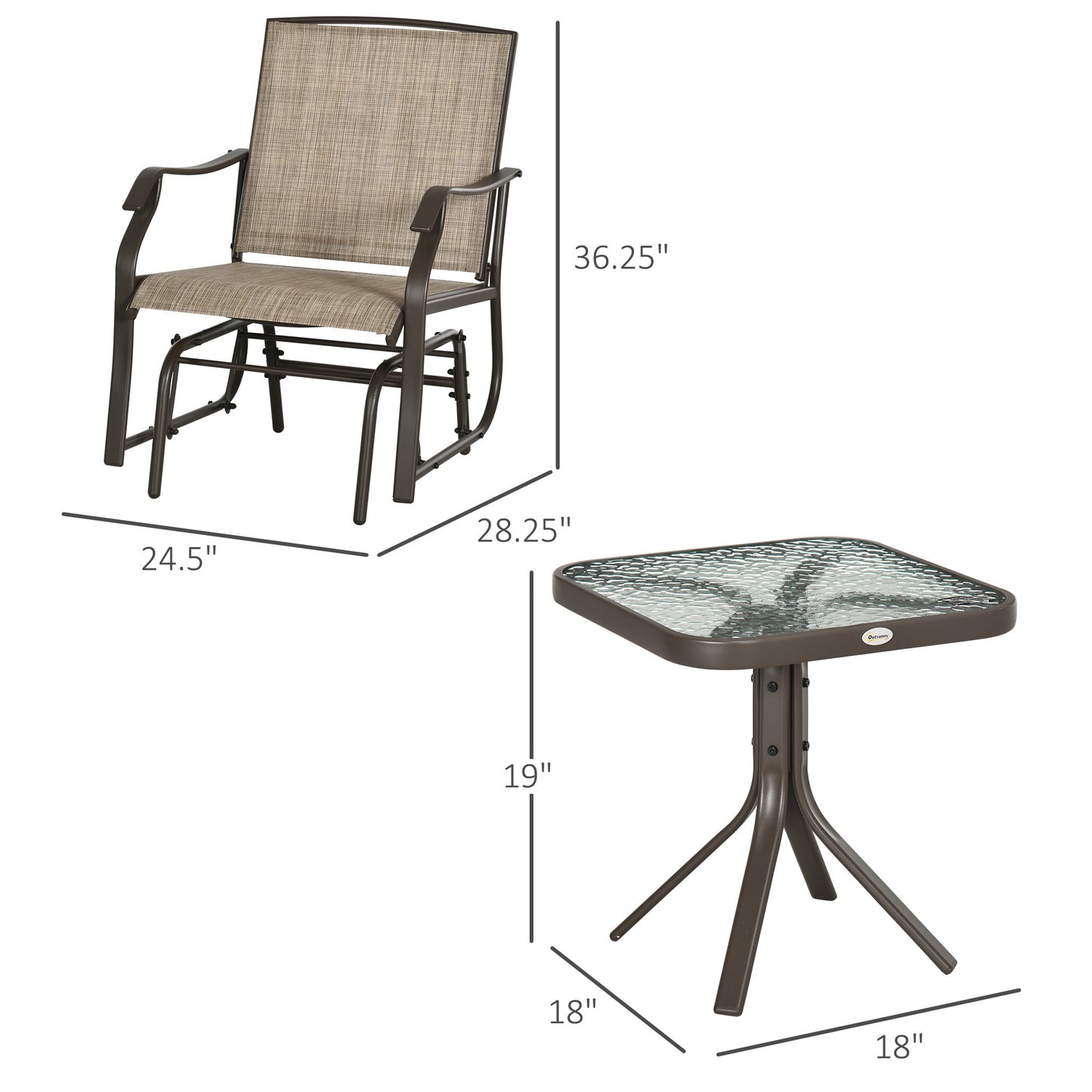 Outsunny 3 Piece Outdoor Glider Chair with Coffee Table Bistro Set, 2 Patio Rocking Swing Chairs with Breathable Sling Fabric, Glass Tabletop, for Backyard, Garden and Porch, Mixed Brown