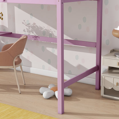 Twin High Loft Bed, Rubber Wood  Loft Bed with Safety Guardrail, built-in desk, ladder,Pink