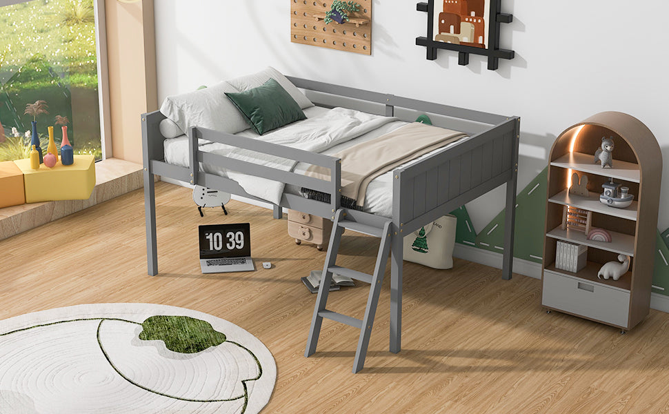 Full Size Wood Low Loft Bed with Ladder, ladder can be placed on the left or right, Gray (Old SKU:GX000366AAE)