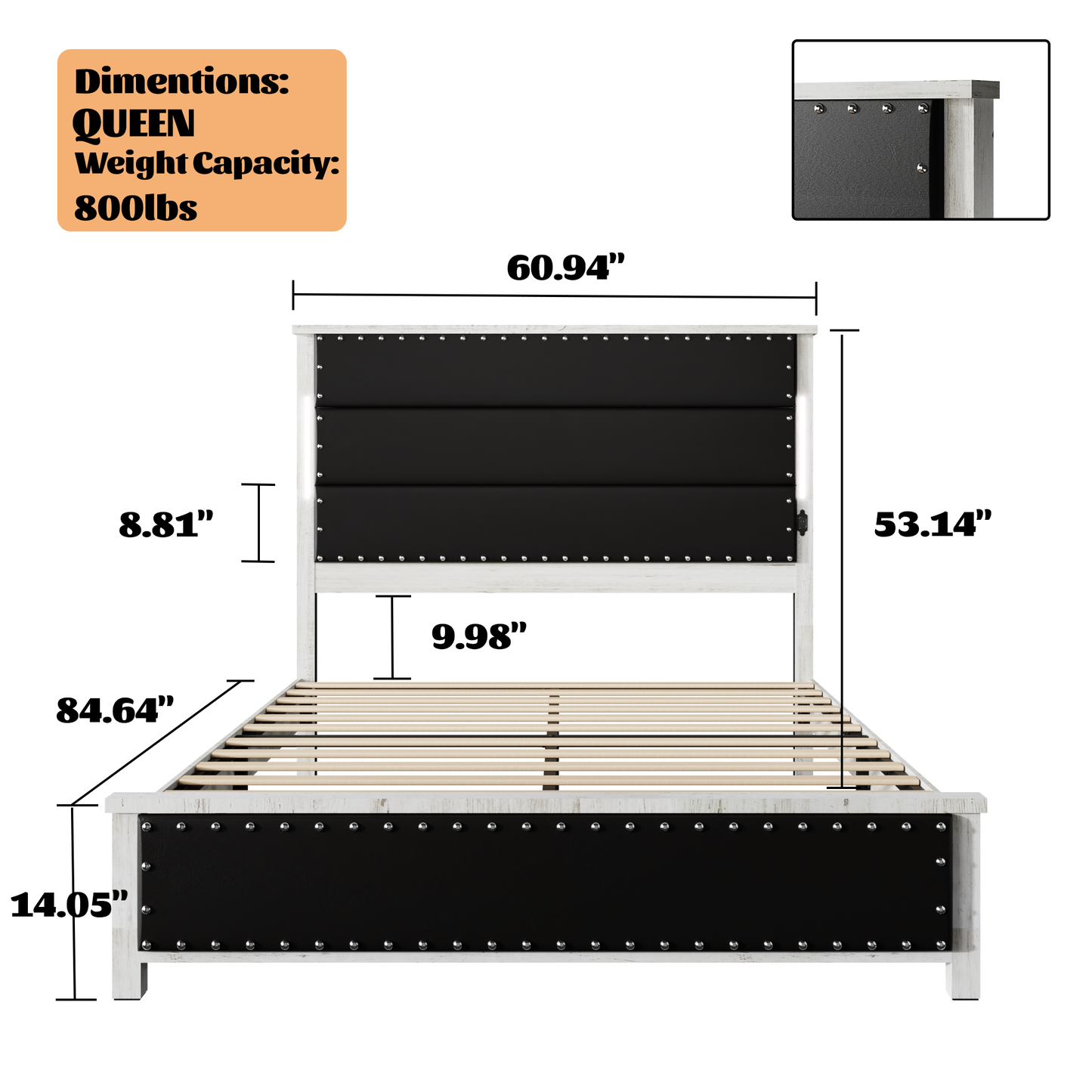 Queen Size Bed Frame with Upholstered Headboard, Queen Bed Frame with Charging Station and LED Lights, Wood Slats, Dark Gray Faux Leather & Rivets,  No Box Spring Needed, Easy Assembly